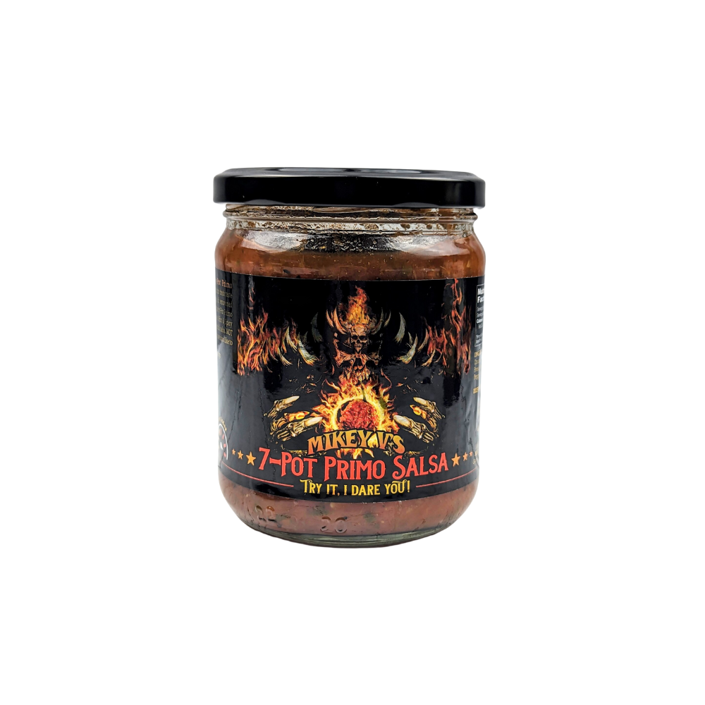 7-Pot Primo salsa jar displayed as an extra hot Texas gourmet salsa gift from The Texas Gift Company storefront