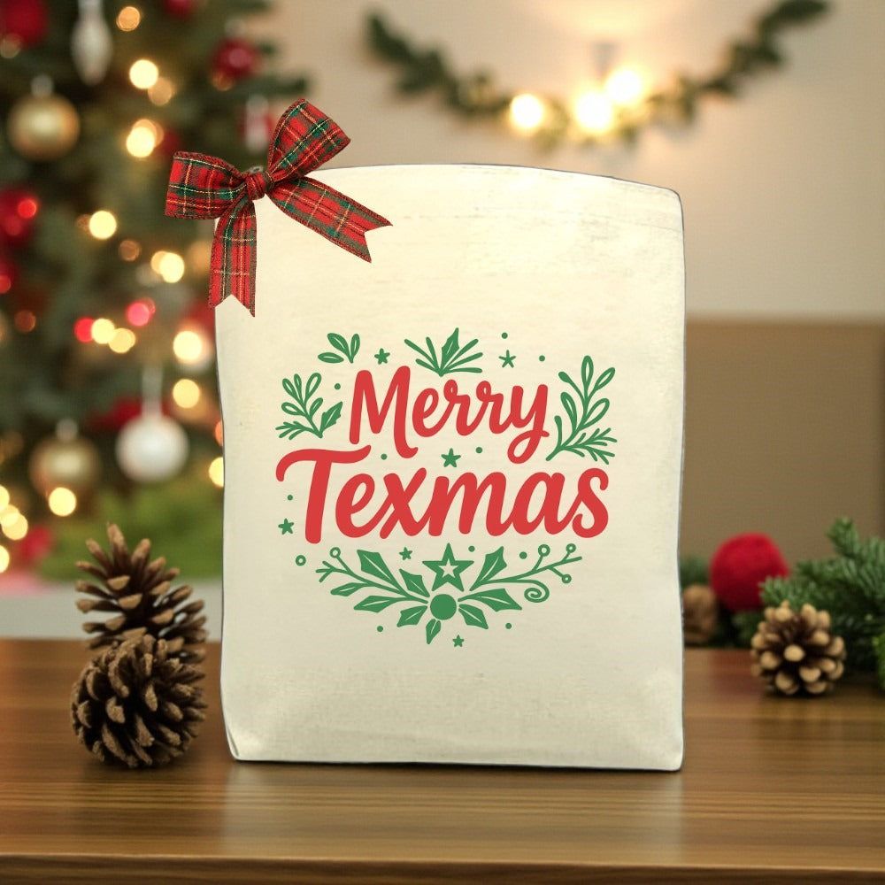 Customizable Merry Texmas Tote made from durable cotton canvas, perfect for holiday shopping, gifting, and adding a personal touch to the festive season with Texas charm.