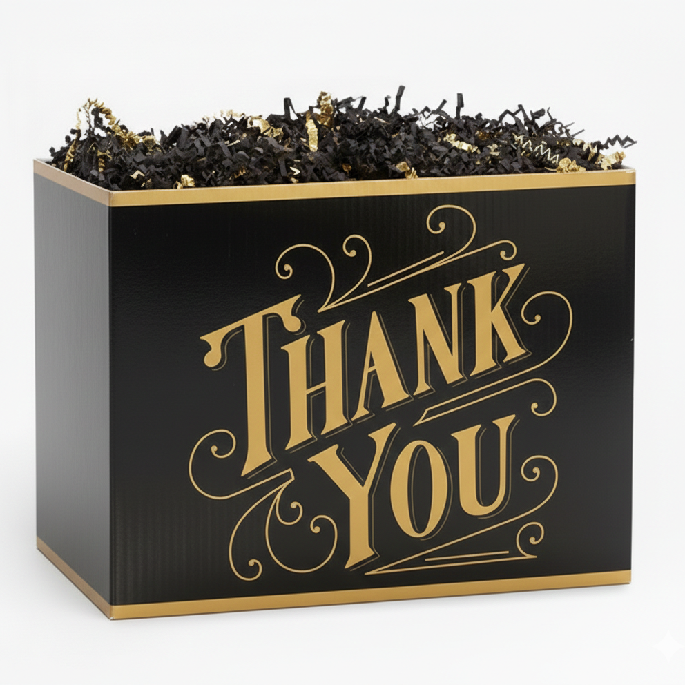 a black and gold THANK YOU gift basket box filled with gold and black paper shred