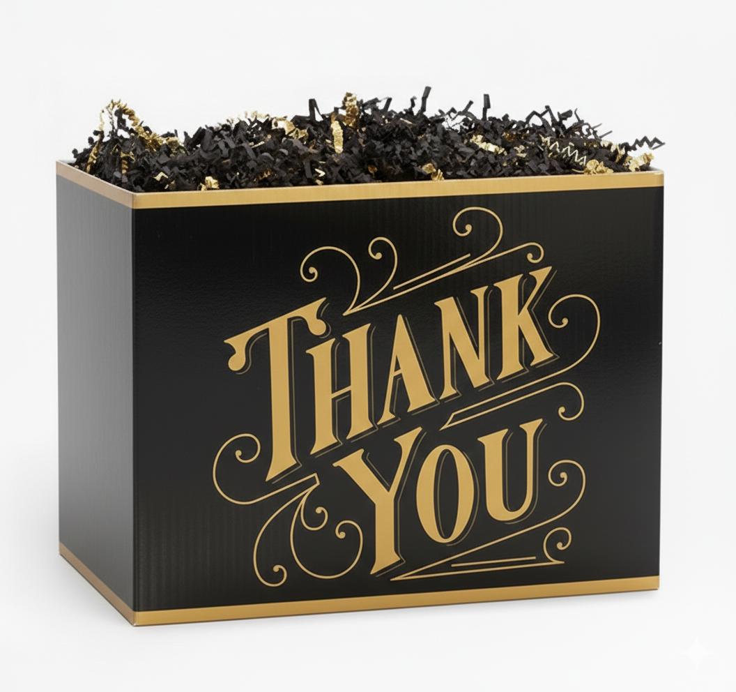 a black and gold THANK YOU gift basket box filled with gold and black paper shred