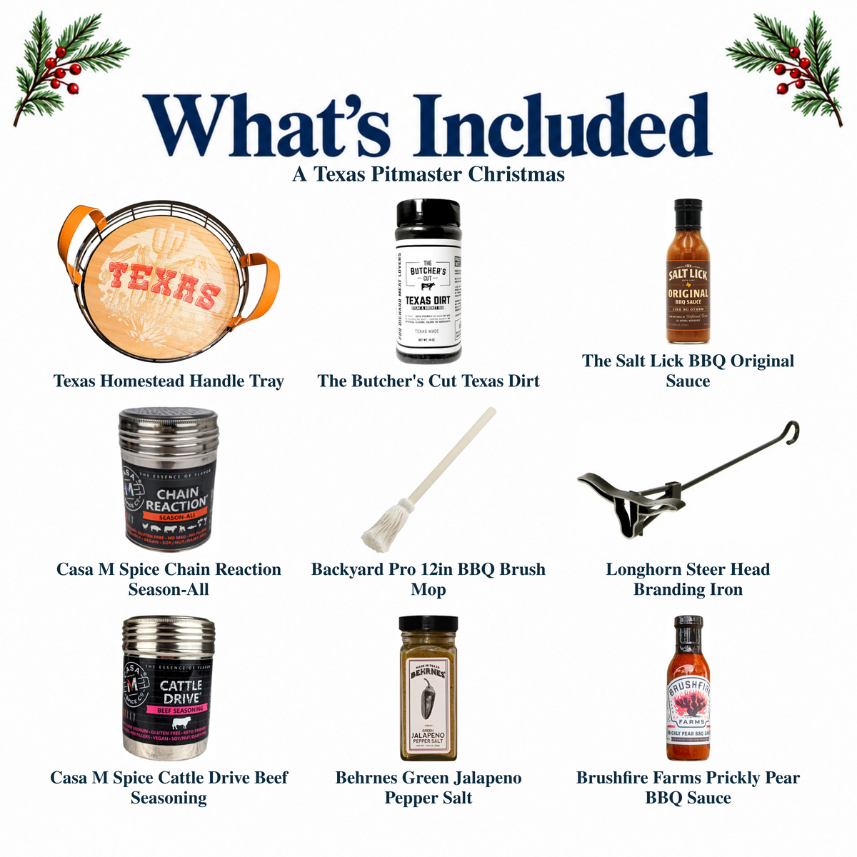 What's included in A Texas Pitmaster Christmas from The Texas Gift Company: each included item individually labeled.
