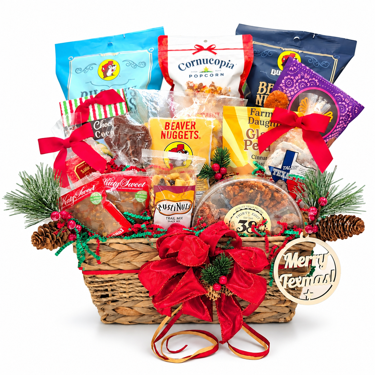 A Very Texan Merry Texmas gift basket on a clean white background — front view