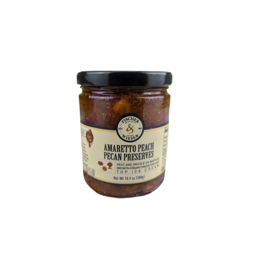 Amaretto pecan peach preserves jar displayed as a gourmet Texas fruit and nut spread gift from The Texas Gift Company storefront