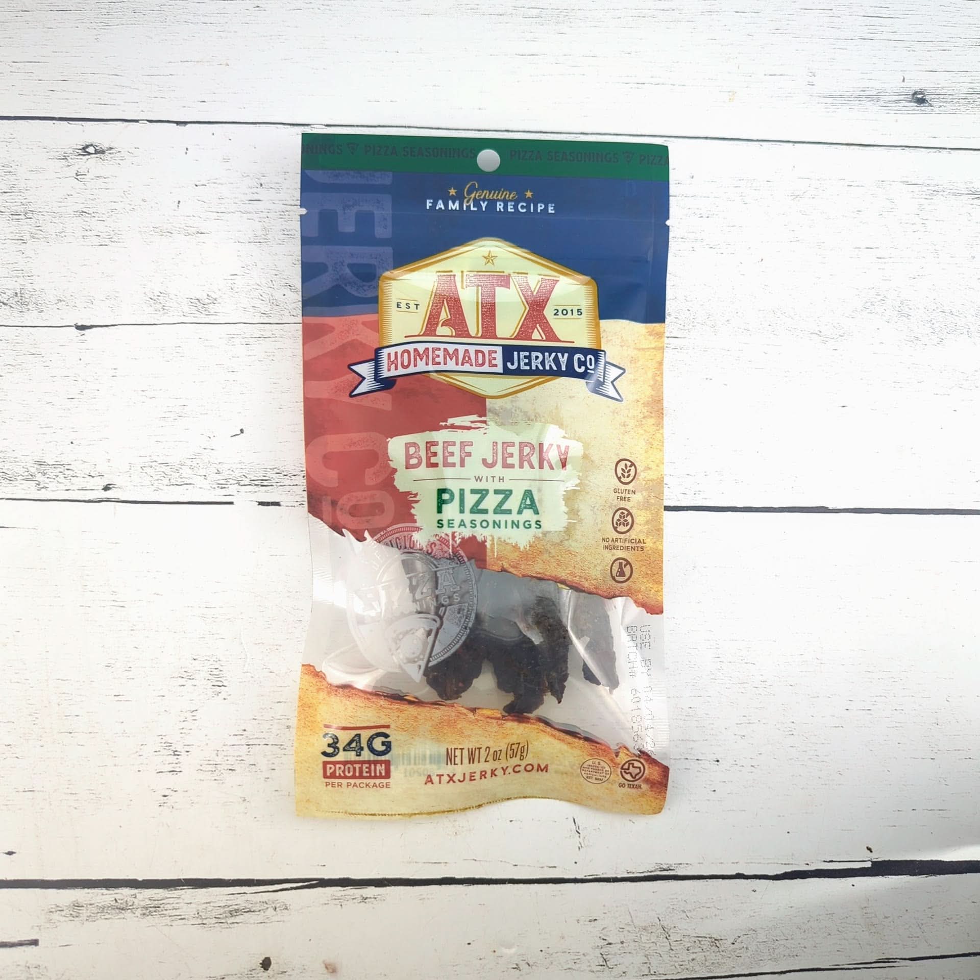 ATX pizza flavored beef jerky packaged as a bold Texas snack gift from The Texas Gift Company storefront