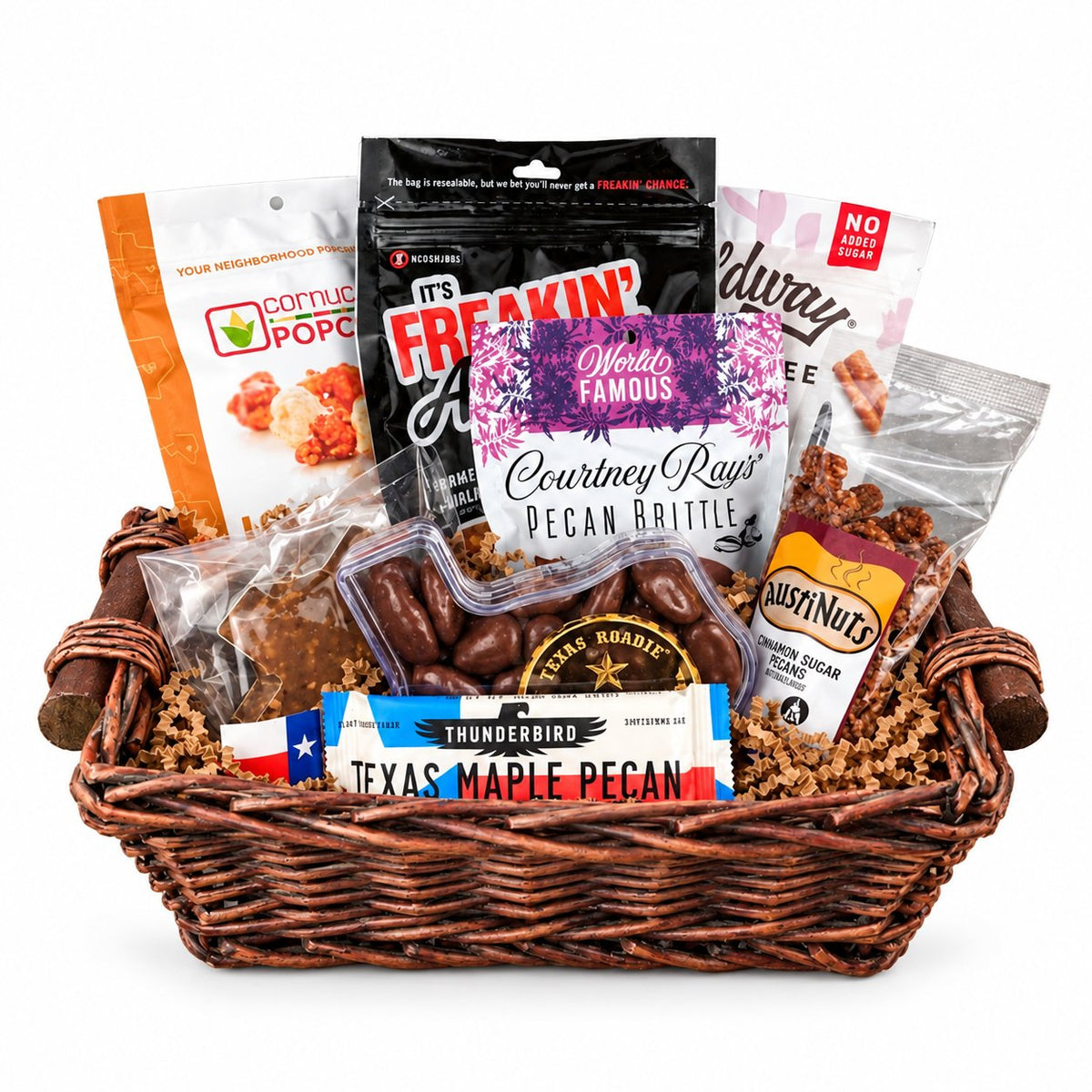 Aunt Katie’s Tasty Texas Temptations — approved square willow tray, white background