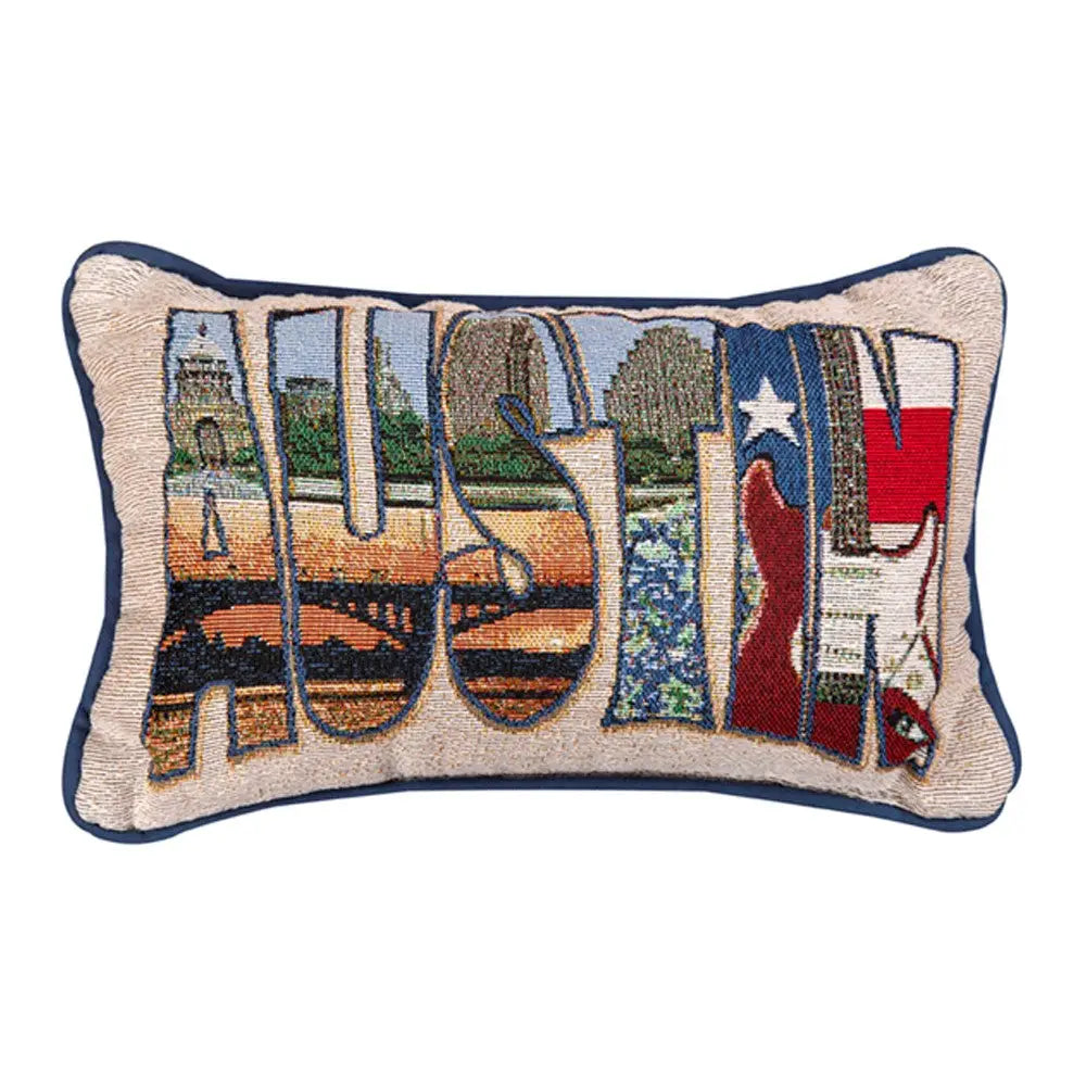 Austin word pillow in 12.5 by 8 inch size displayed as a Texas-themed home gift from a Texas gift shop storefront