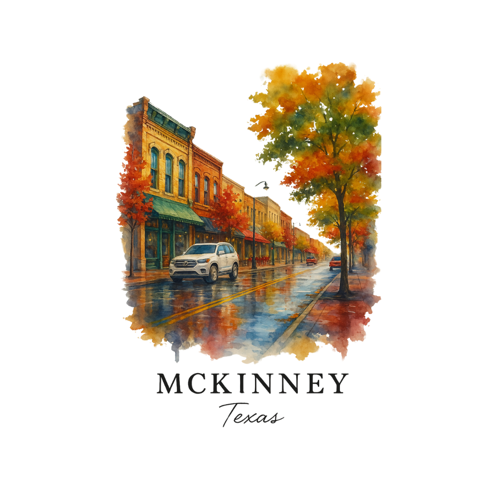 Autumn on McKinney Square Tote Bag shown celebrating North Texas autumn scenery