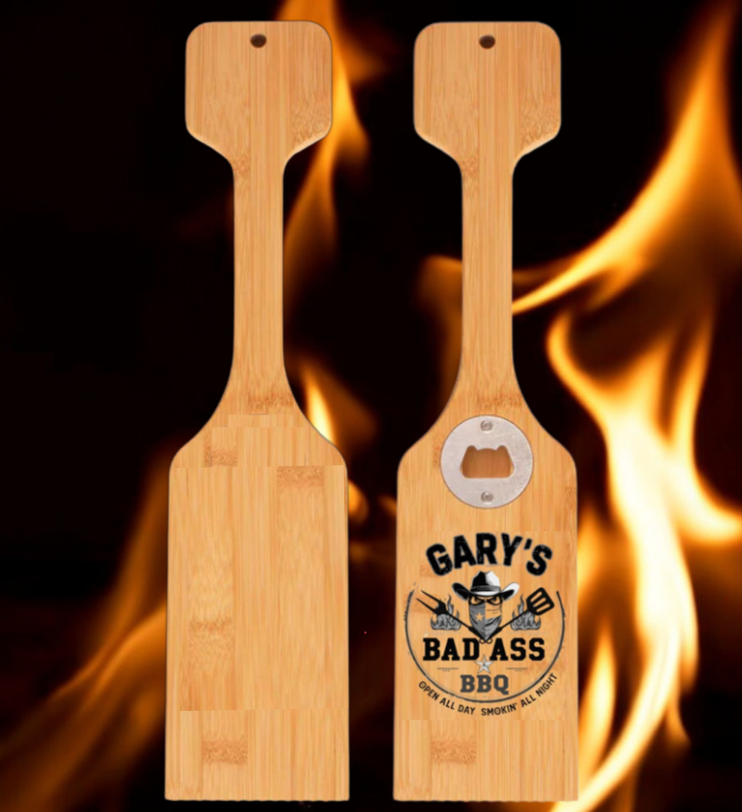 Custom engraved wooden grill scraper with bottle opener displayed as a Texas grilling accessory from The Texas Gift Company storefront