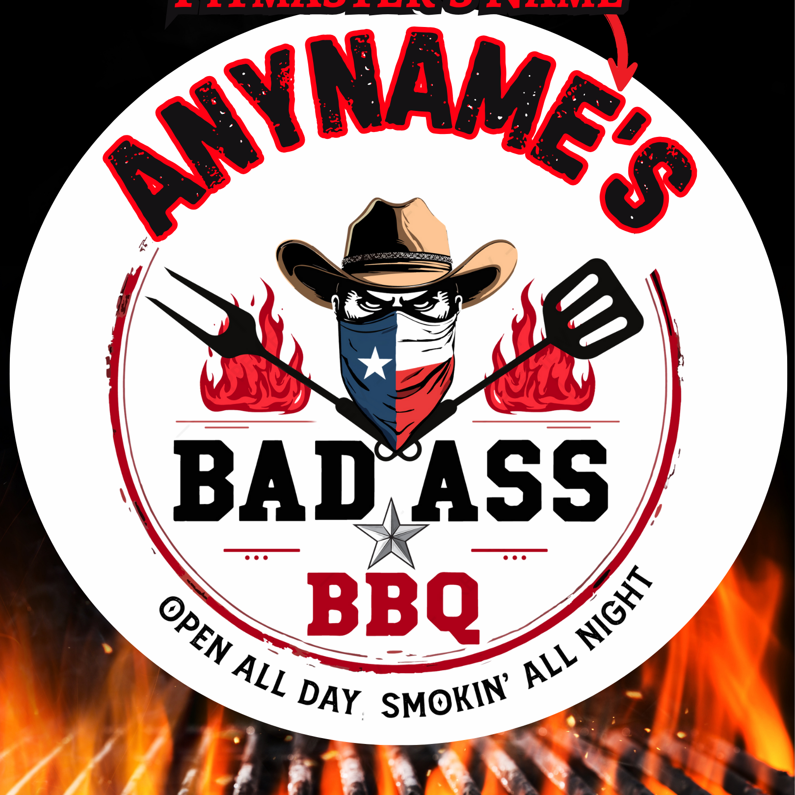 Customizable “Bad Ass BBQ” pitmaster logo template featuring a masked cowboy with a Texas bandana, crossed grilling tools, flames, and bold text with space for a personalized name above.