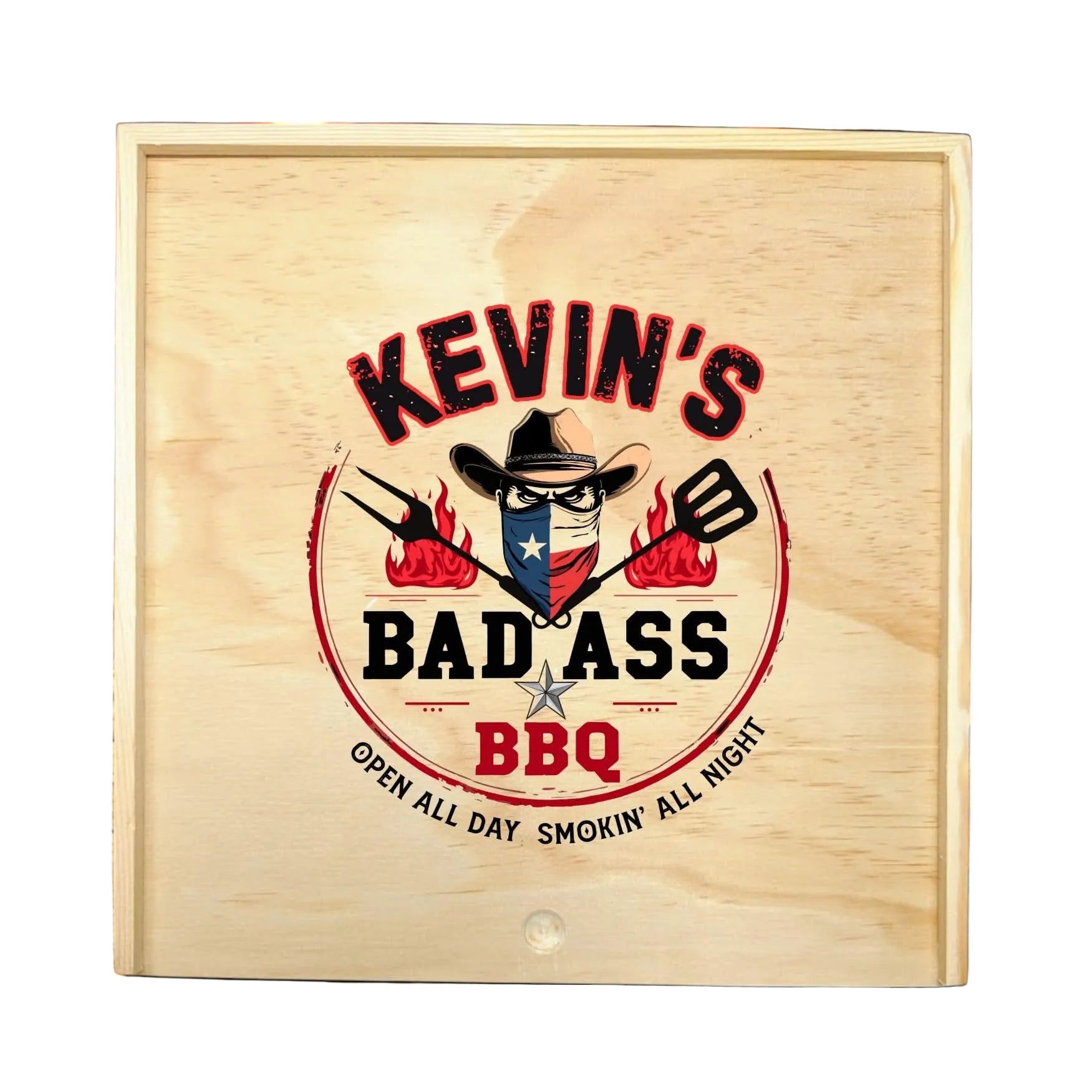 The BAD ASS Personalized Texas BBQ Box displayed as a powerful Texas grilling gift with Lone Star pride
