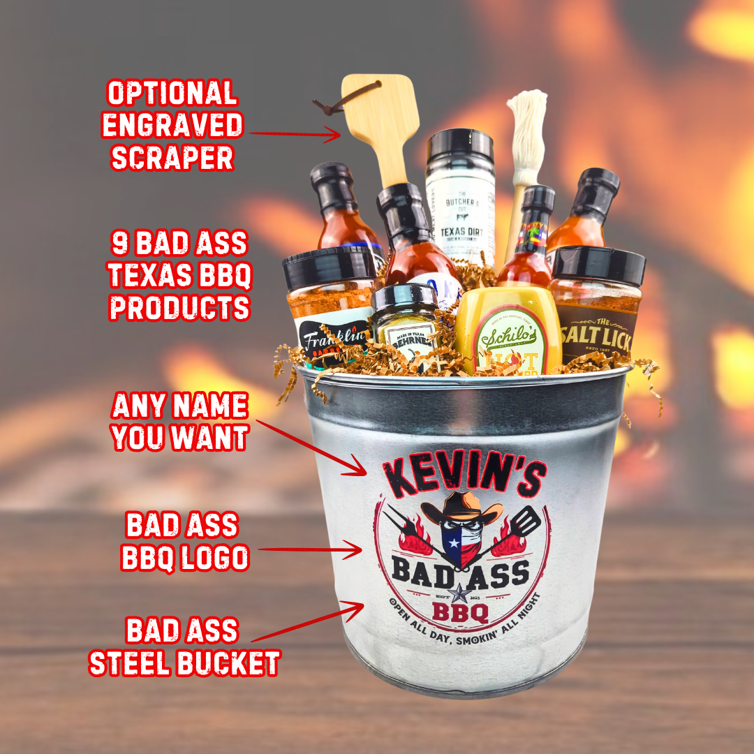 The BAD ASS Personalized Texas BBQ Bucket shown as a custom Texas BBQ gift for pitmasters