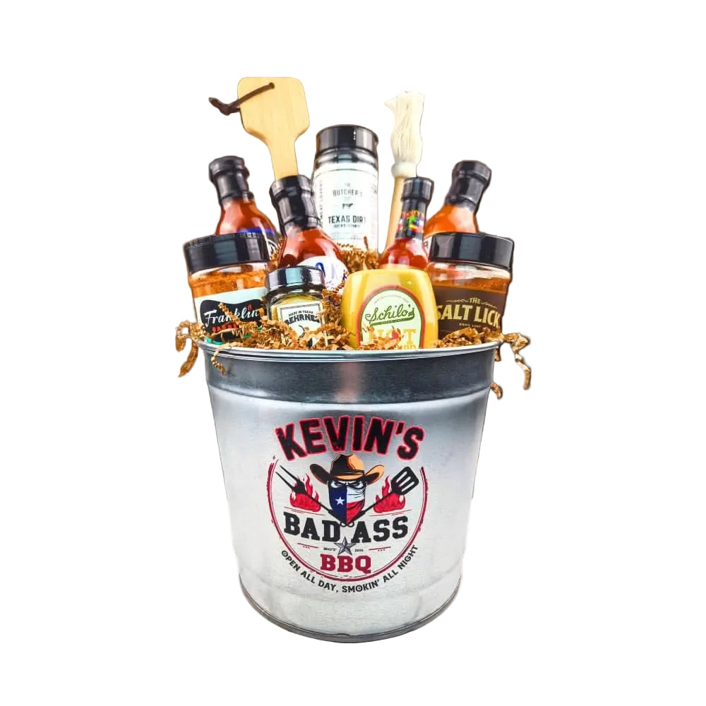 The BAD ASS Personalized Texas BBQ Bucket featured as a bold Texas barbecue gift from The Texas Gift Company