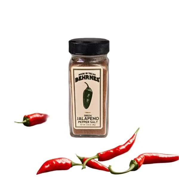 Behrnes green jalapeño pepper salt jar with red chilli displayed as a spicy Texas gourmet seasoning gift from The Texas Gift Company storefront