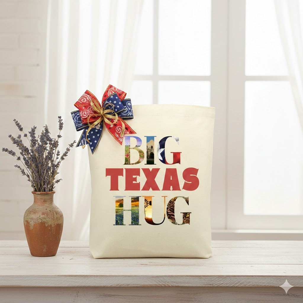 Big Texas Hug canvas tote bag with patriotic ribbon bow, Texas-themed gift bag on tabletop