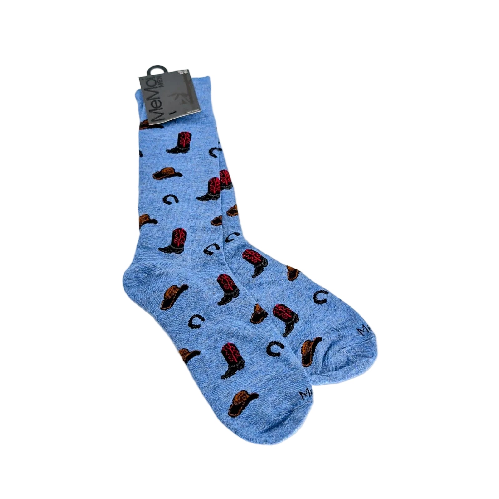 Men’s blue western socks featuring cowboy boot, hat, and horseshoe motifs, packaged and made from breathable bamboo rayon fabric.