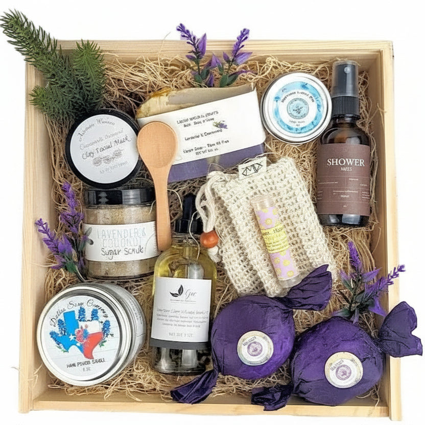Bluebonnet Bliss engravable wood spa gift box with relaxation items arranged for gifting