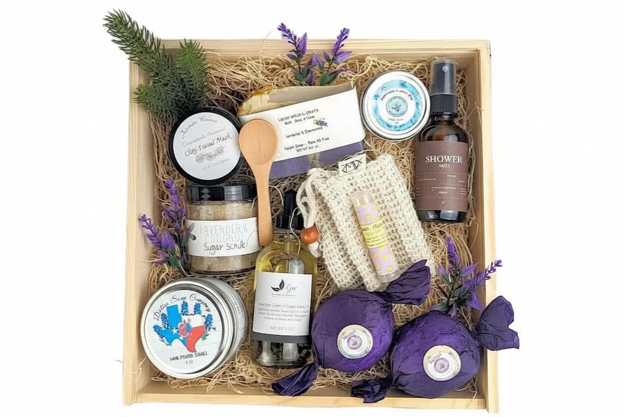 Bluebonnet Bliss engravable wood spa gift box with relaxation items arranged for gifting