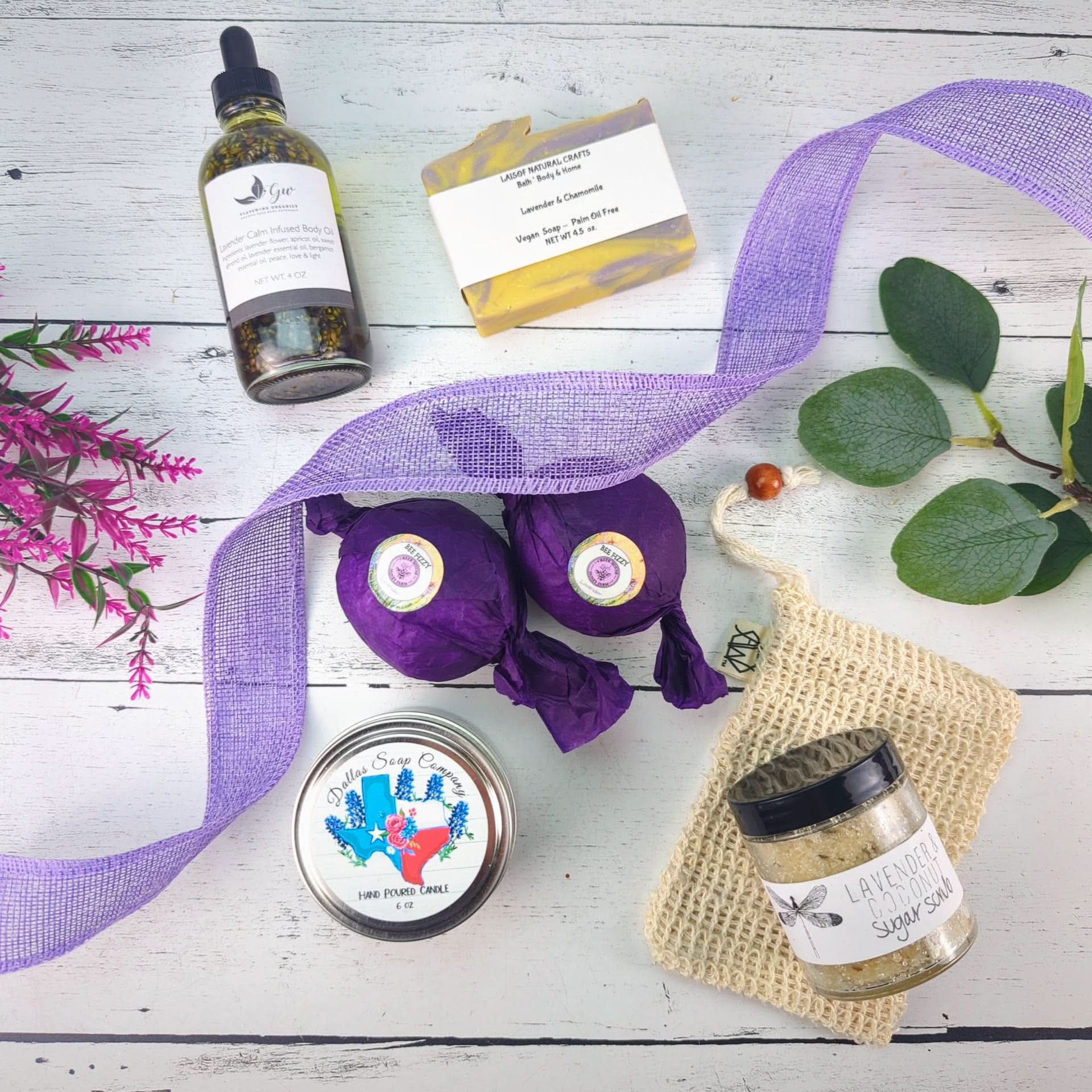 Texas-themed spa tote with floral-inspired self-care treats arranged for gifting