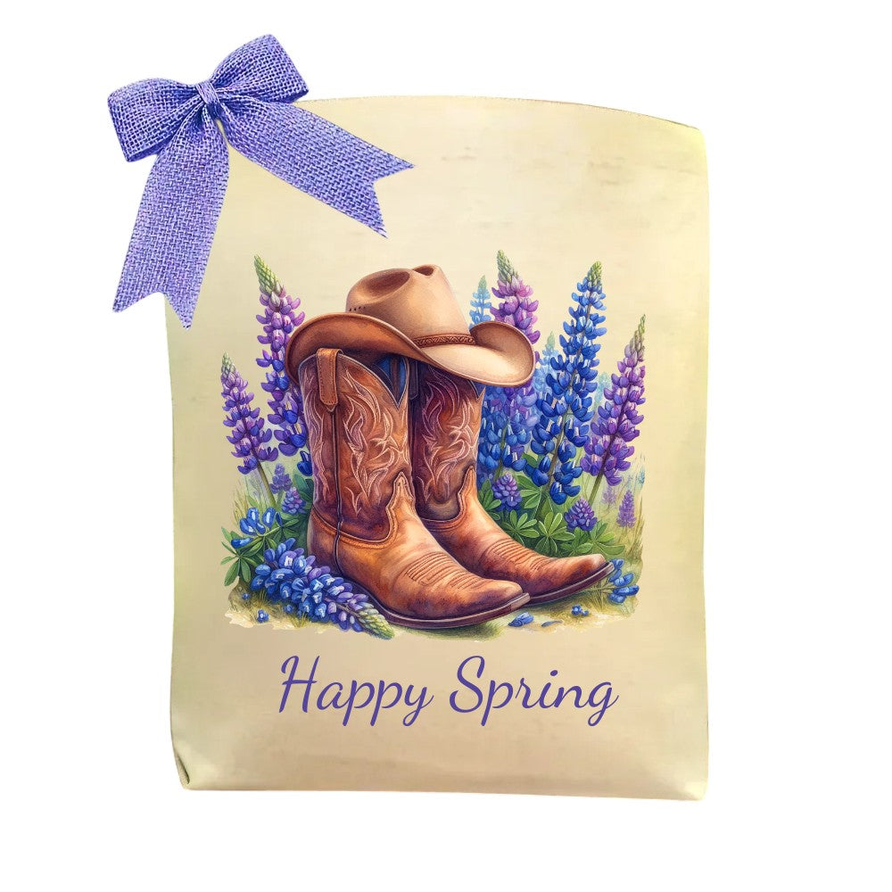 Bluebonnets & Boots Tote Bag featuring Texas bluebonnets and Western boots design
