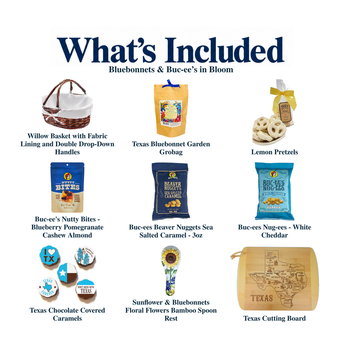 What's included in Bluebonnets & Buc-ee’s in Bloom from The Texas Gift Company: each included item individually labeled.