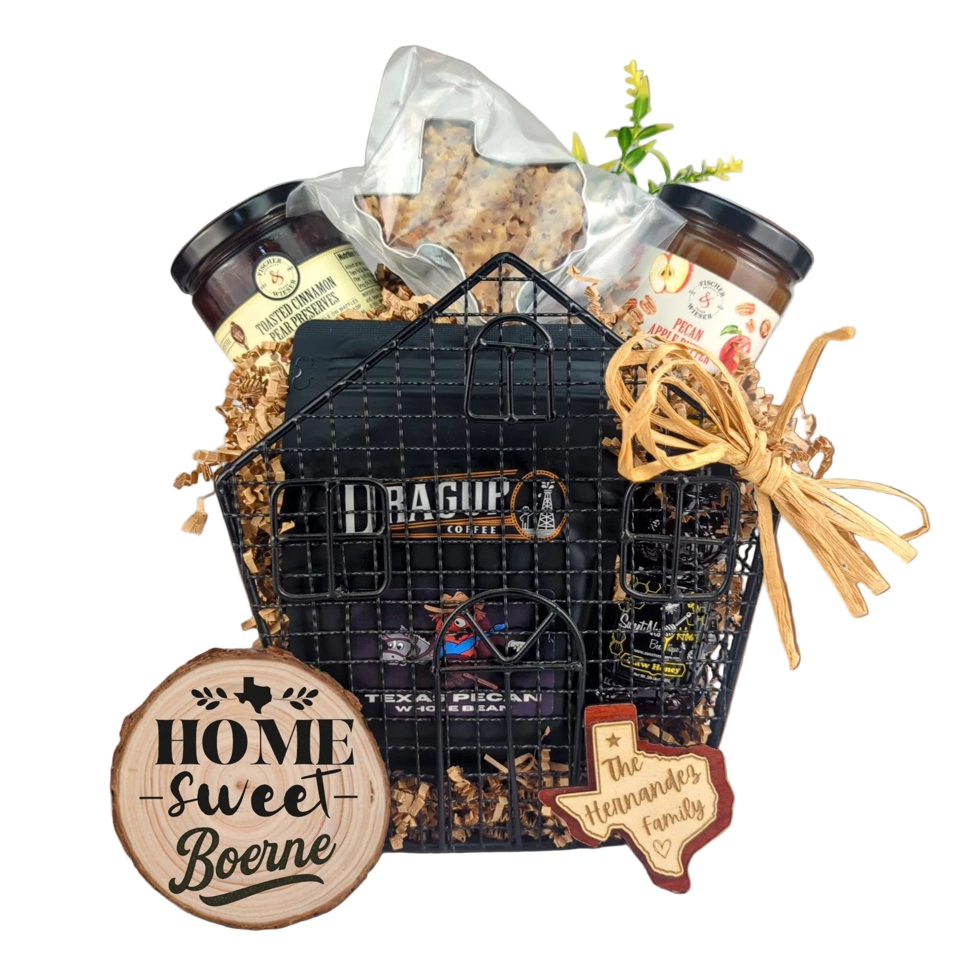 Boerne Comforts of Home basket with Texas-made treats arranged as a housewarming gift