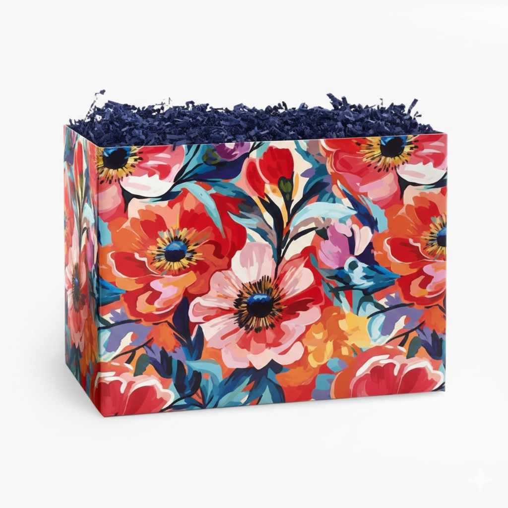 Colorful floral patterned gift box filled with dark blue shredded paper