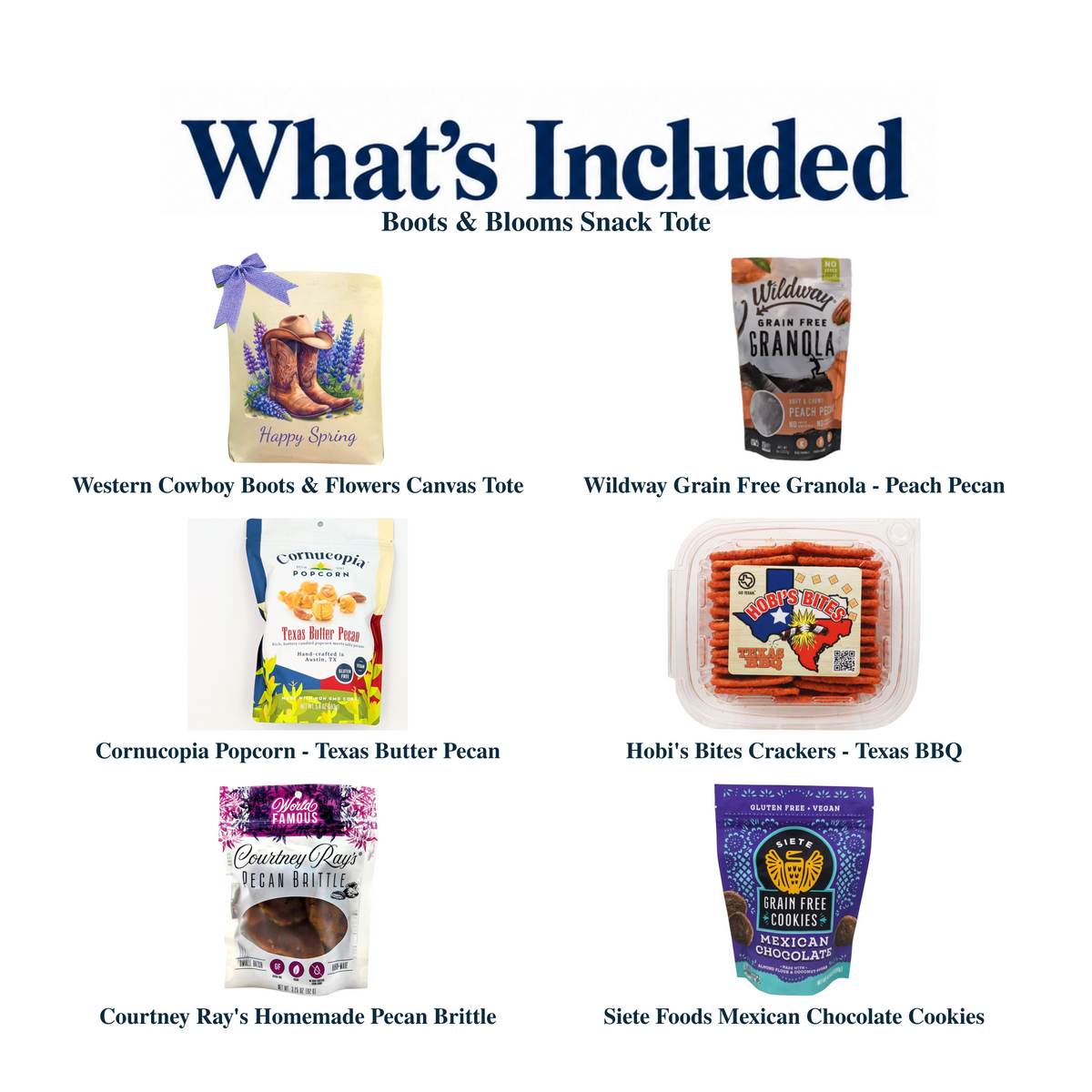 What's included in Boots & Blooms Snack Tote from The Texas Gift Company: each included item individually labeled.
