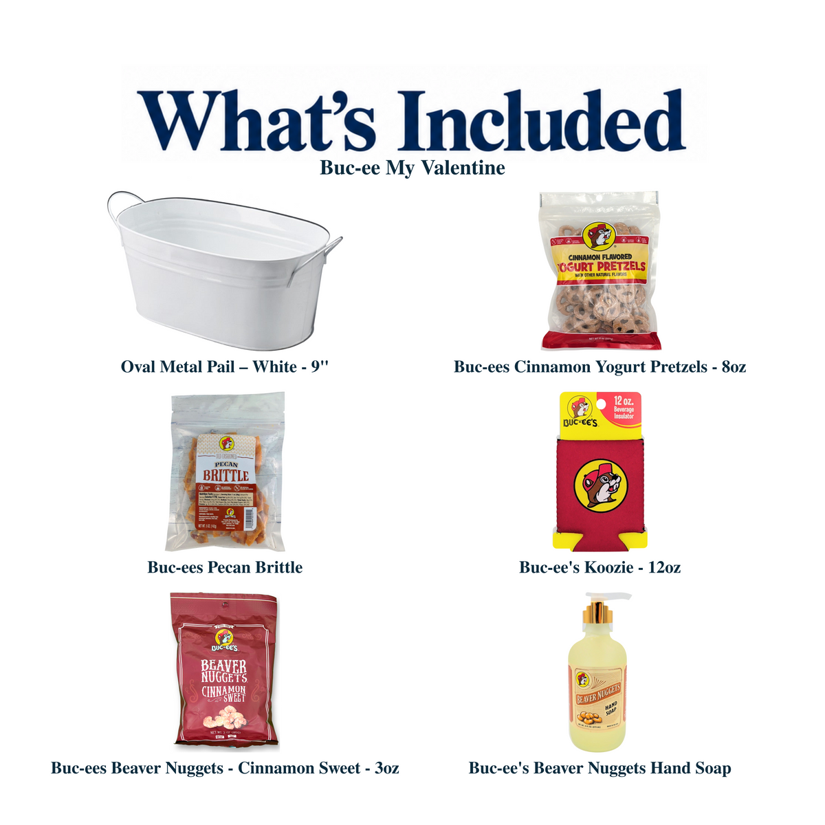 What's included in Buc-ee My Valentine from The Texas Gift Company: each included item individually labeled.