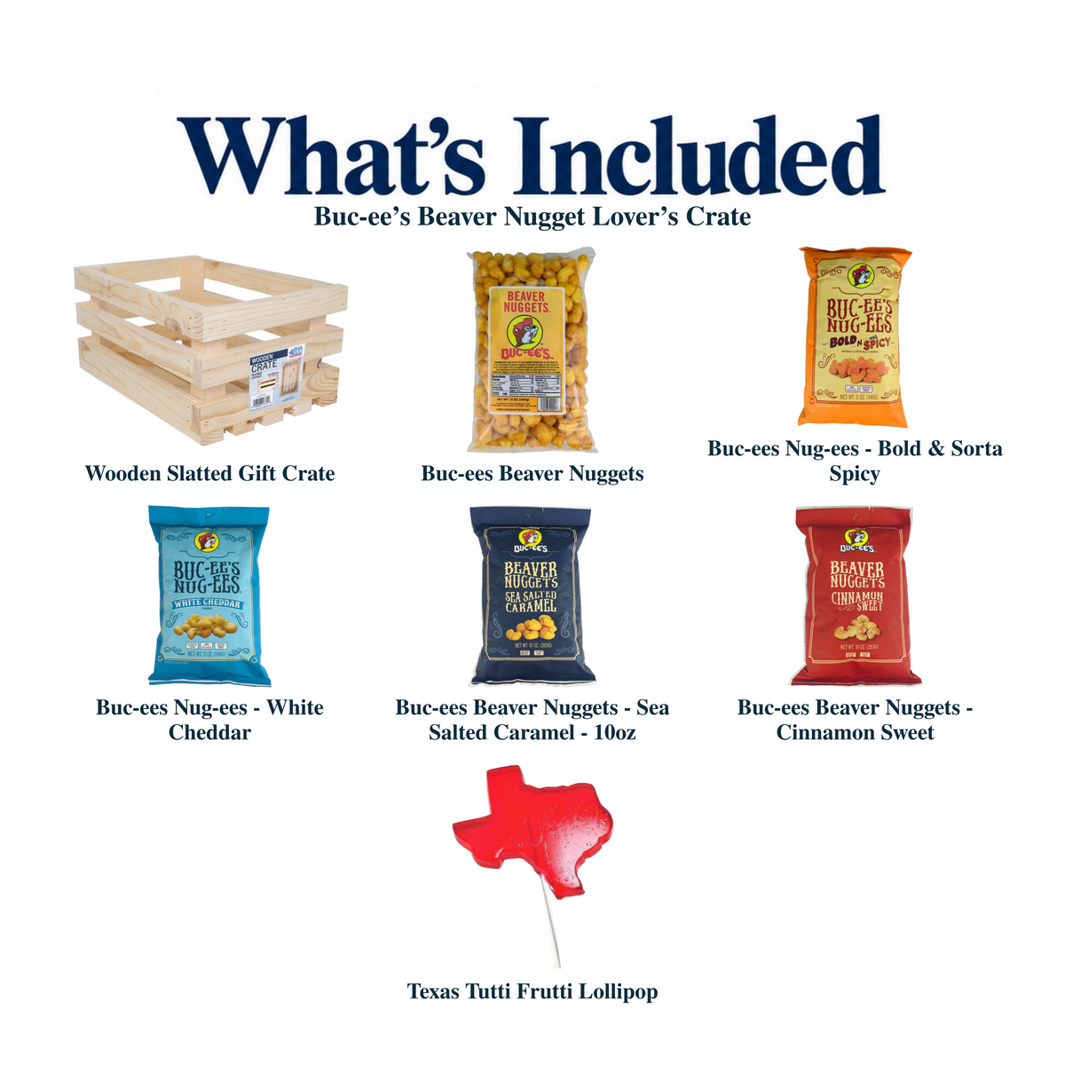 What's included in Buc-ee’s Beaver Nugget Lover’s Crate from The Texas Gift Company: each included item individually labeled.