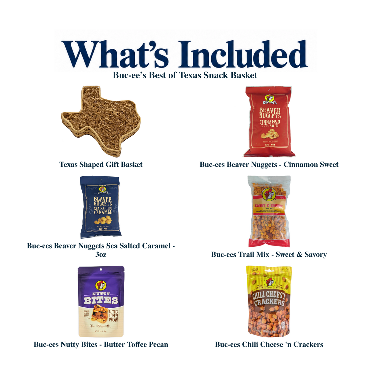What's included in Buc-ee’s Best of Texas Snack Basket from The Texas Gift Company: each included item individually labeled.