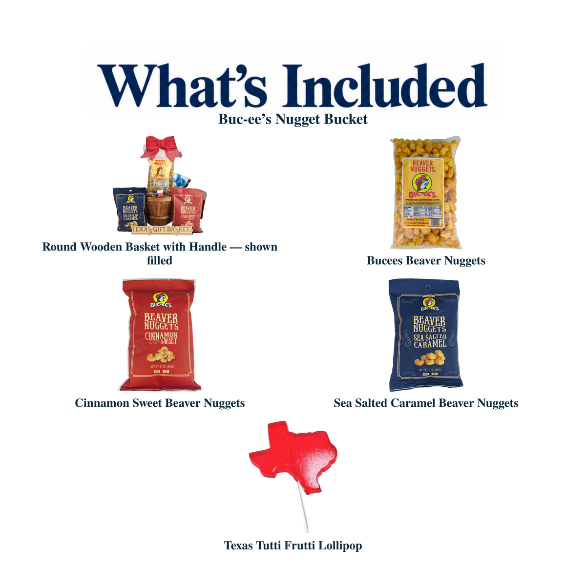 What's included in Buc-ee’s Nugget Bucket from The Texas Gift Company: each included item individually labeled.