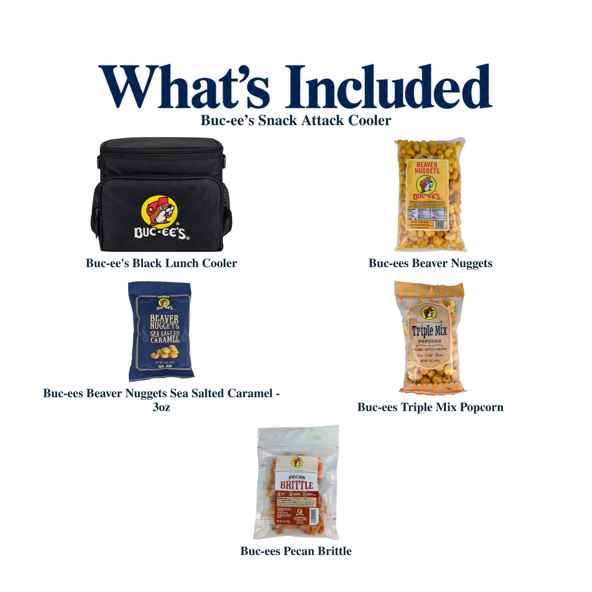 What's included in Buc-ee’s Snack Attack Cooler from The Texas Gift Company: each included item individually labeled.
