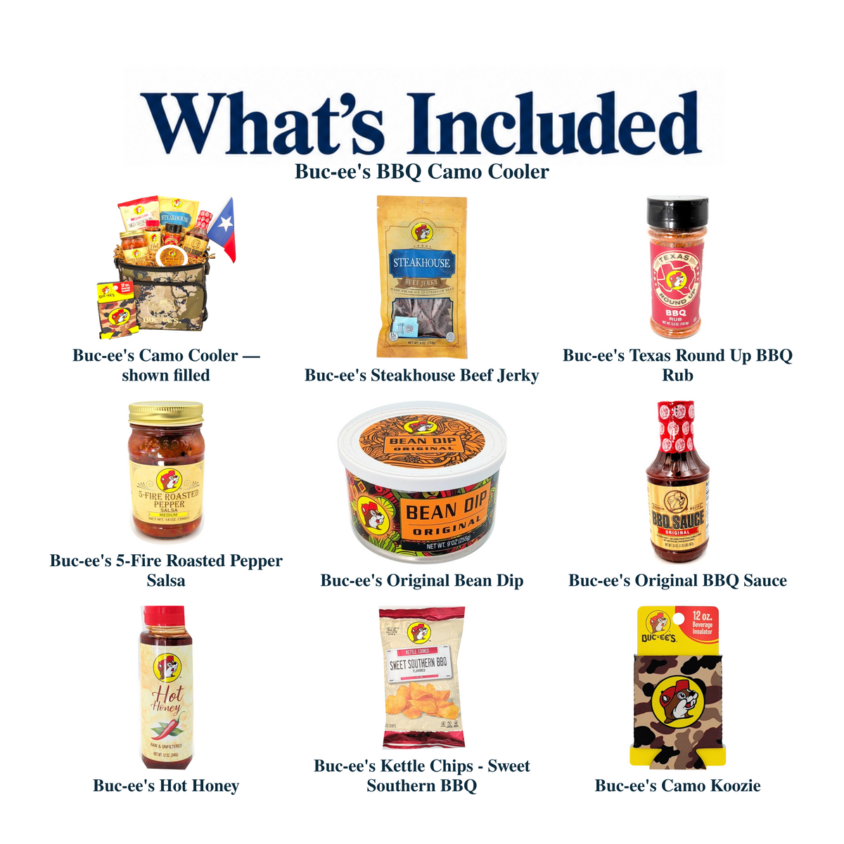 What's included in Buc-ee's BBQ Camo Cooler from The Texas Gift Company: each included item individually labeled.