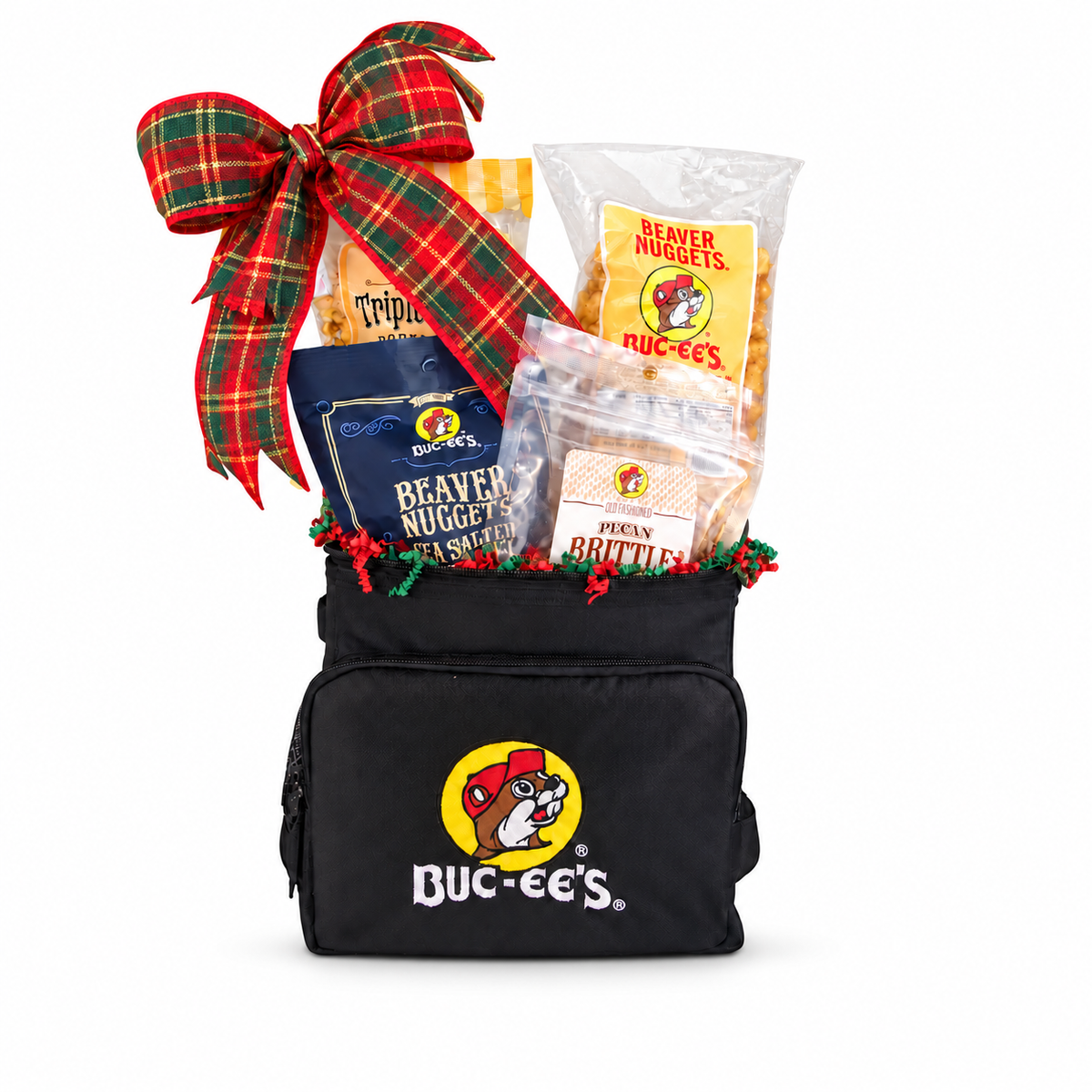 Buc-ee’s Christmas Snack Cooler — Christmas gift assortment on a white background