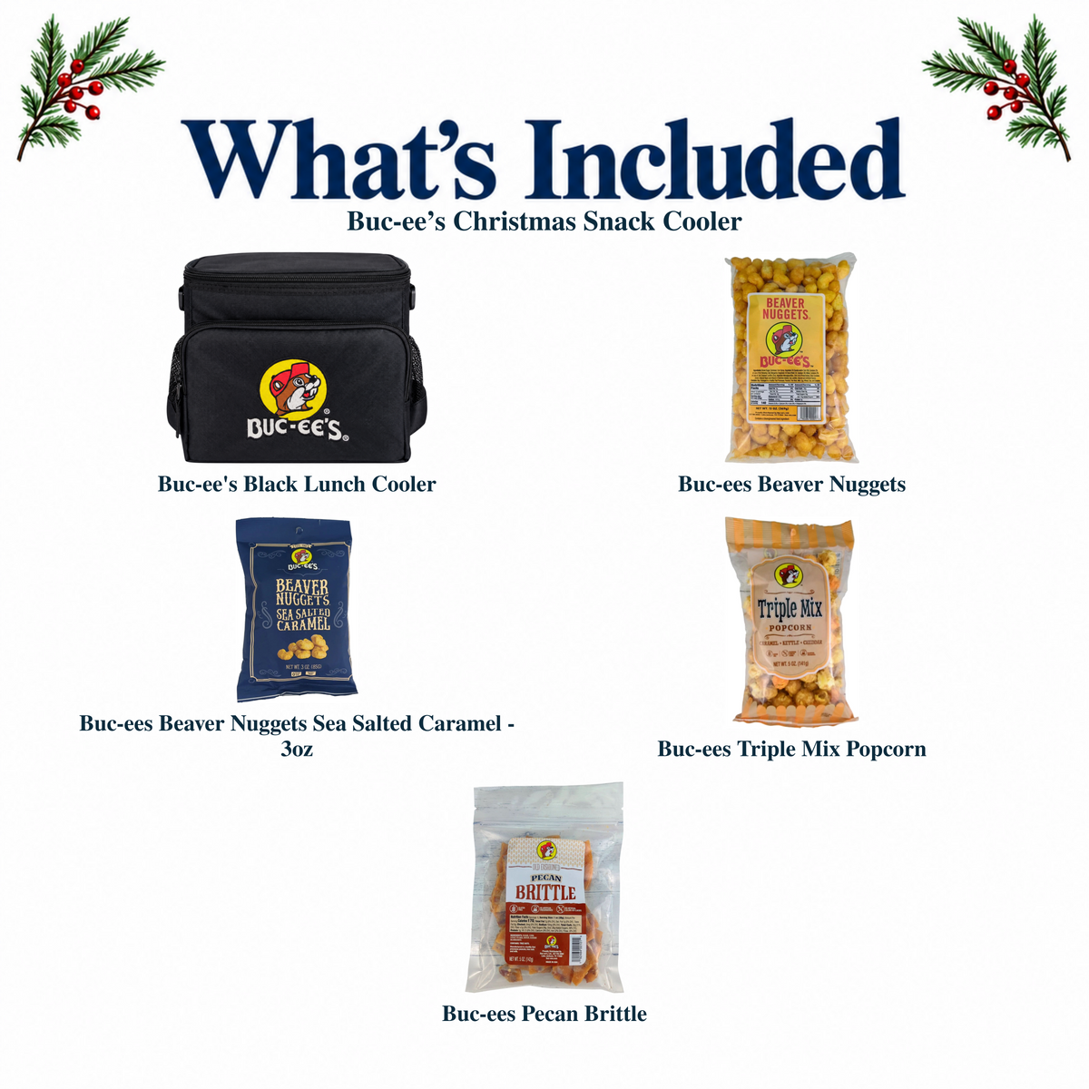 What's included in Buc-ee’s Christmas Snack Cooler from The Texas Gift Company: each included item individually labeled.