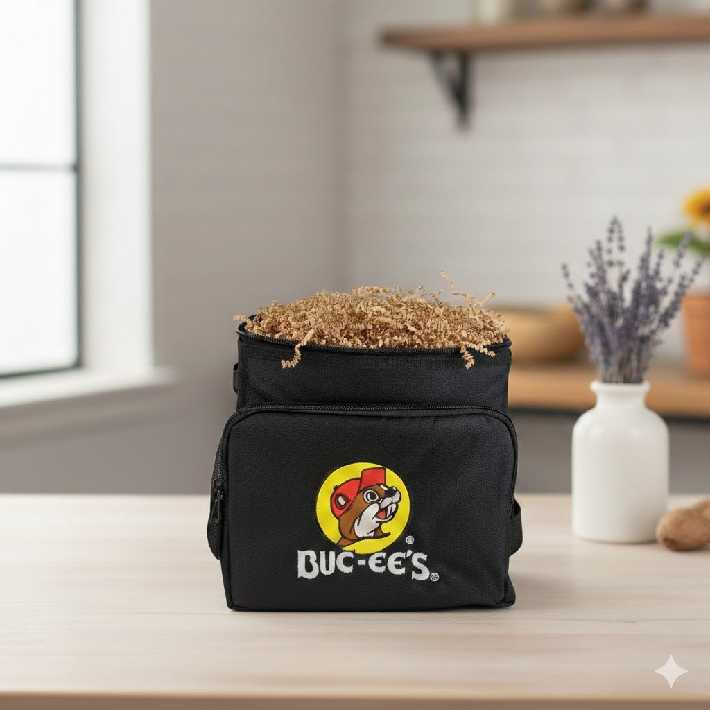 Black Buc-ee’s insulated lunch bag with zipper closure, styled on a kitchen counter as a Texas-themed gift or travel accessory.