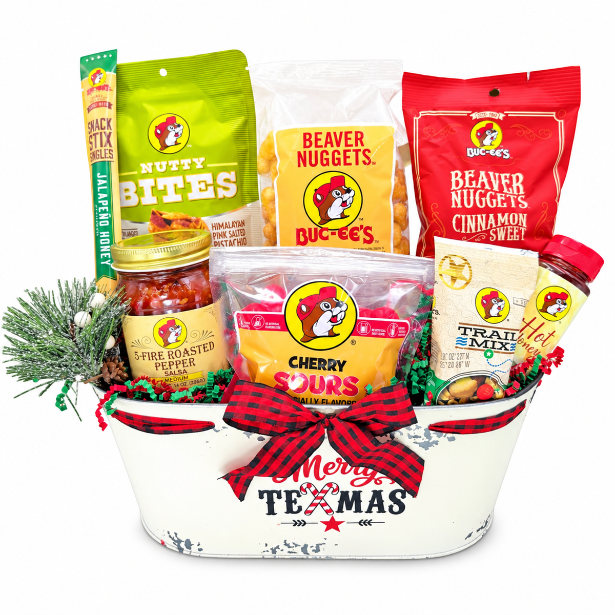Buc-ee’s Merry Texmas Treats with eight favorites in a white holiday tin tub, front view
