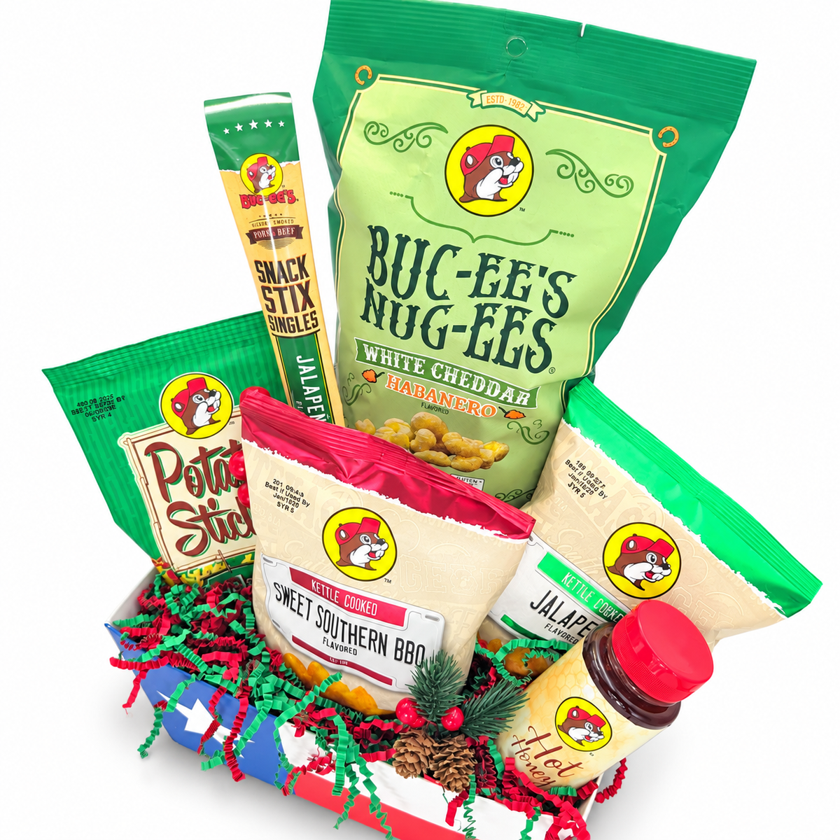 Angled Buc-ee’s Spicy Christmas Crunch with six products in Texas flag tray on white background