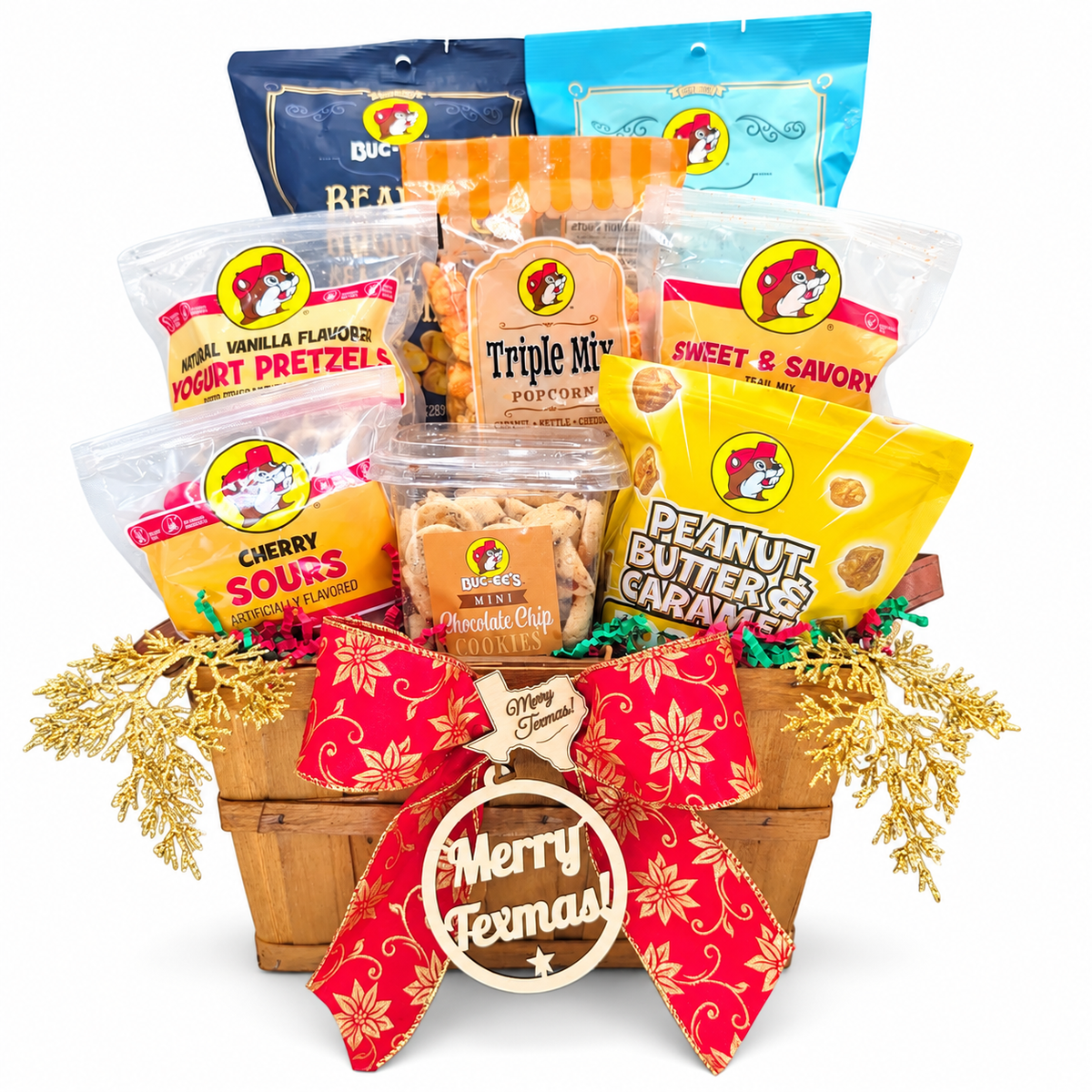Buc-ee's Texmas Munch Basket with eight snacks, Christmas bow and Merry Texmas wooden decorations
