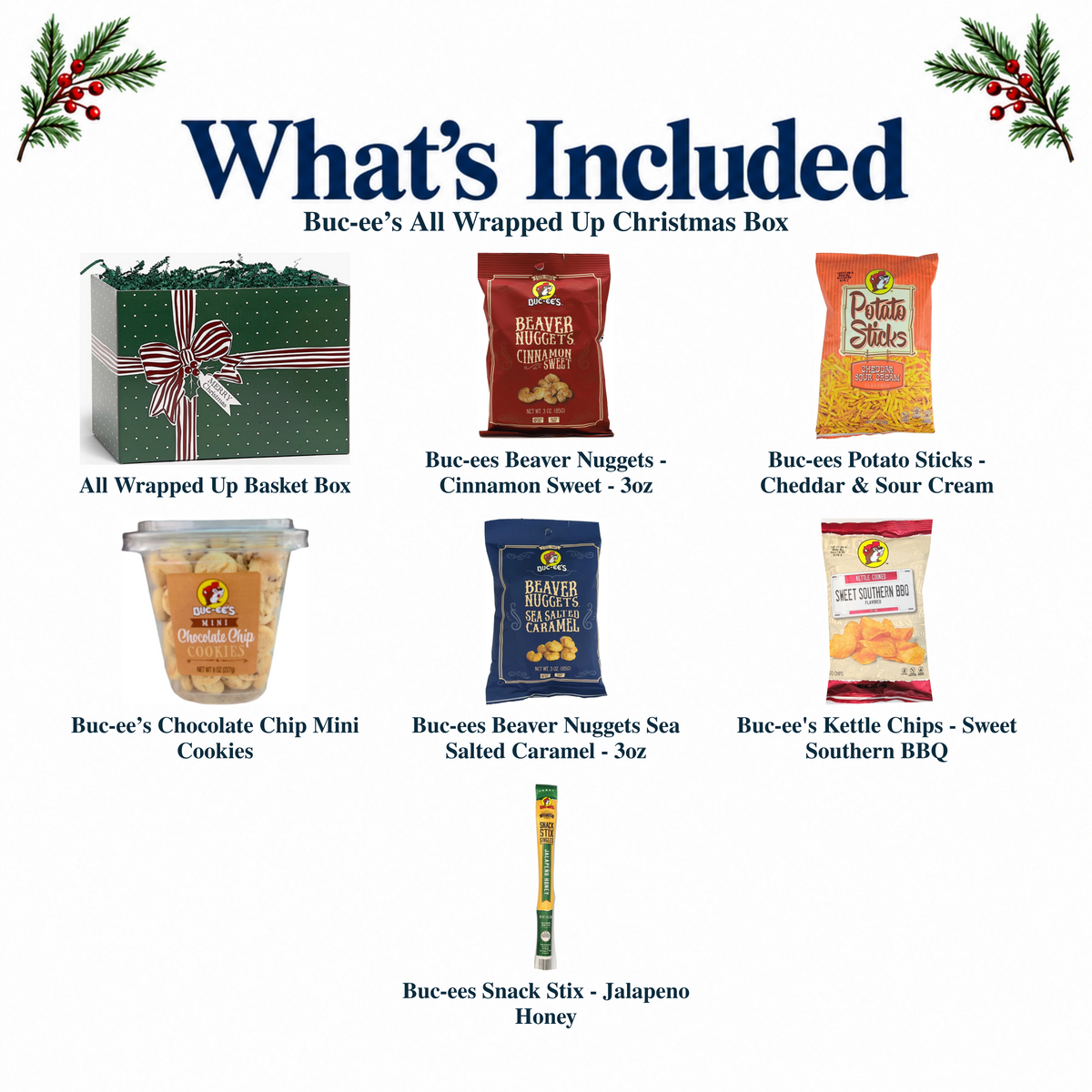What's included in Buc-ee’s All Wrapped Up Christmas Box from The Texas Gift Company: each included item individually labeled.