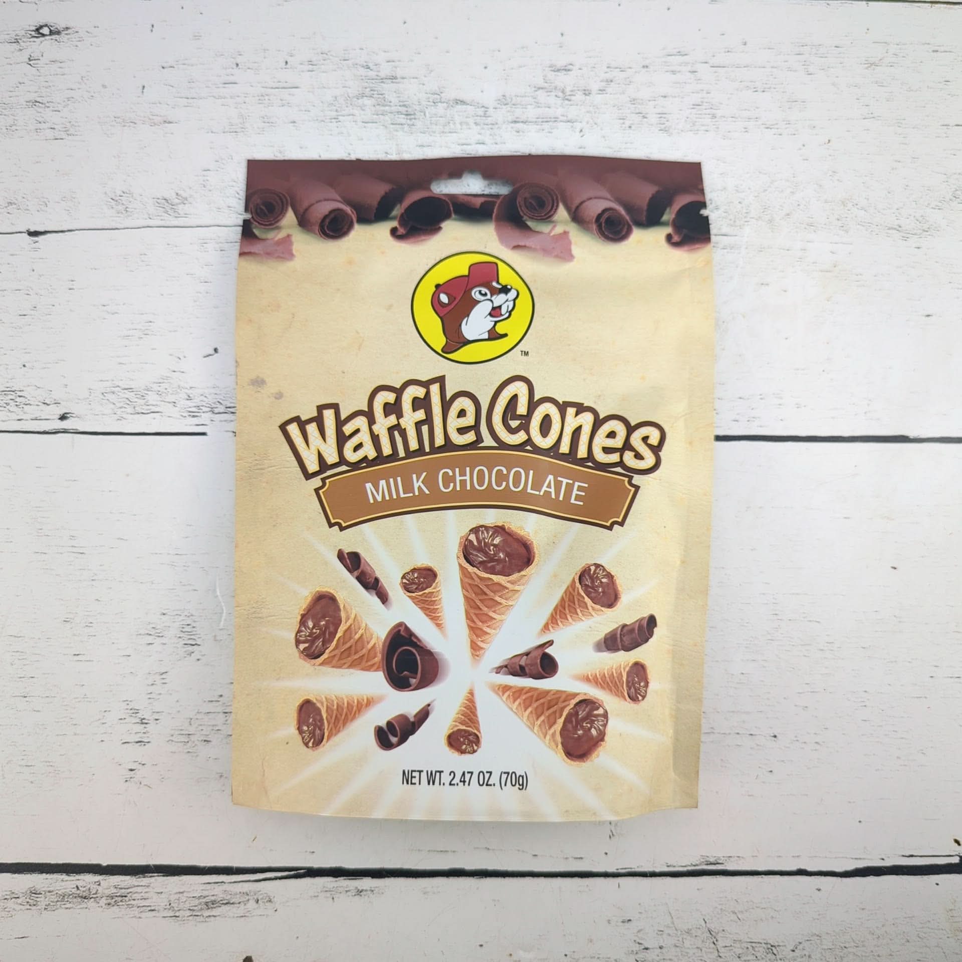 Buc-ee’s milk chocolate waffle cones packaged as a sweet Texas dessert gift from The Texas Gift Company storefront