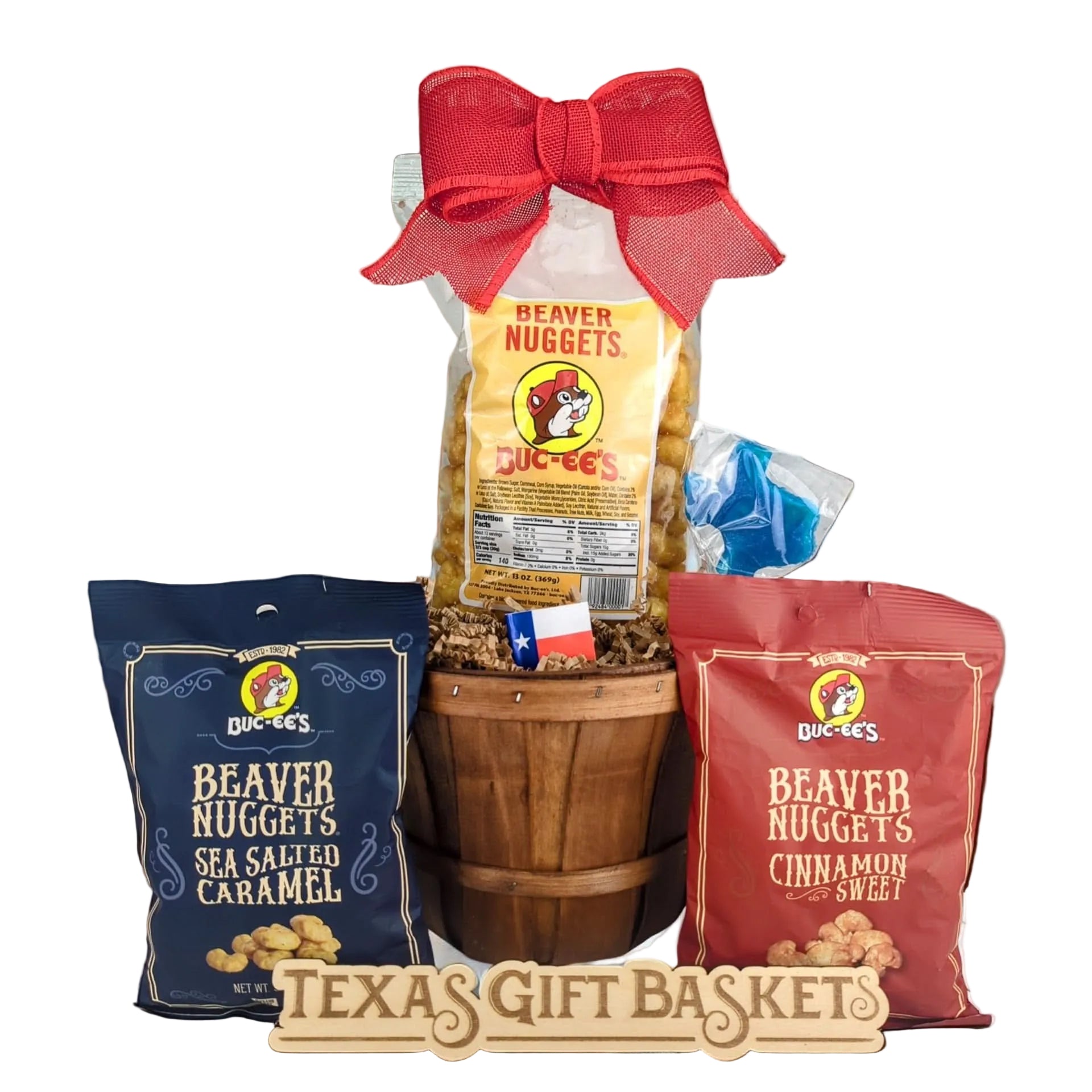 Branded Buc-ee’s snack bucket arranged with seasoned nugget treats