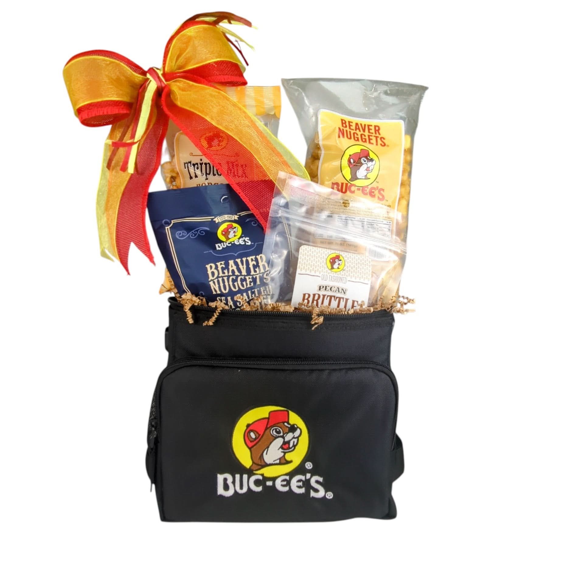 Branded Buc-ee’s cooler packed with sweet and savory snacks arranged for gifting