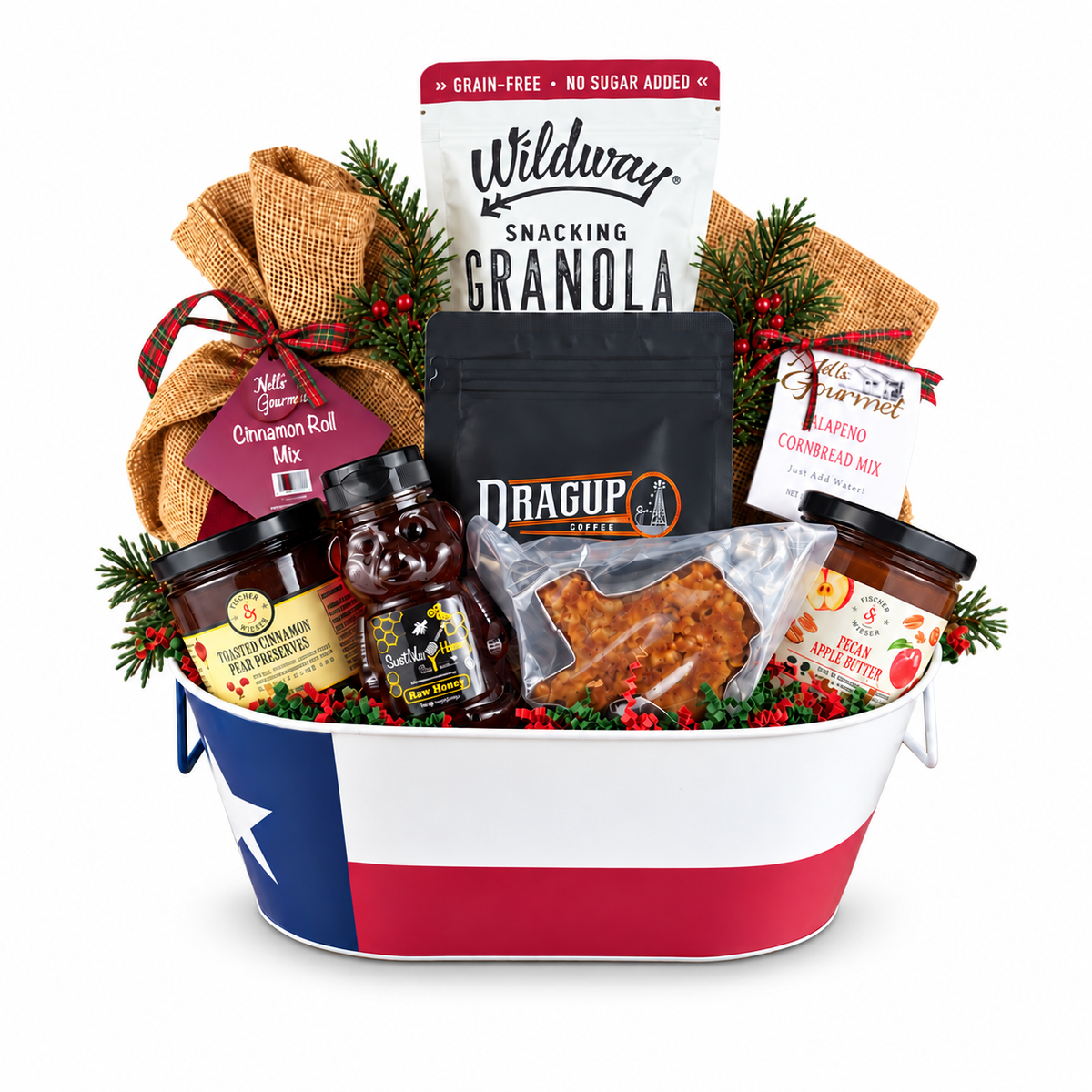 Christmas Morning in Texas — Christmas gift assortment on a white background