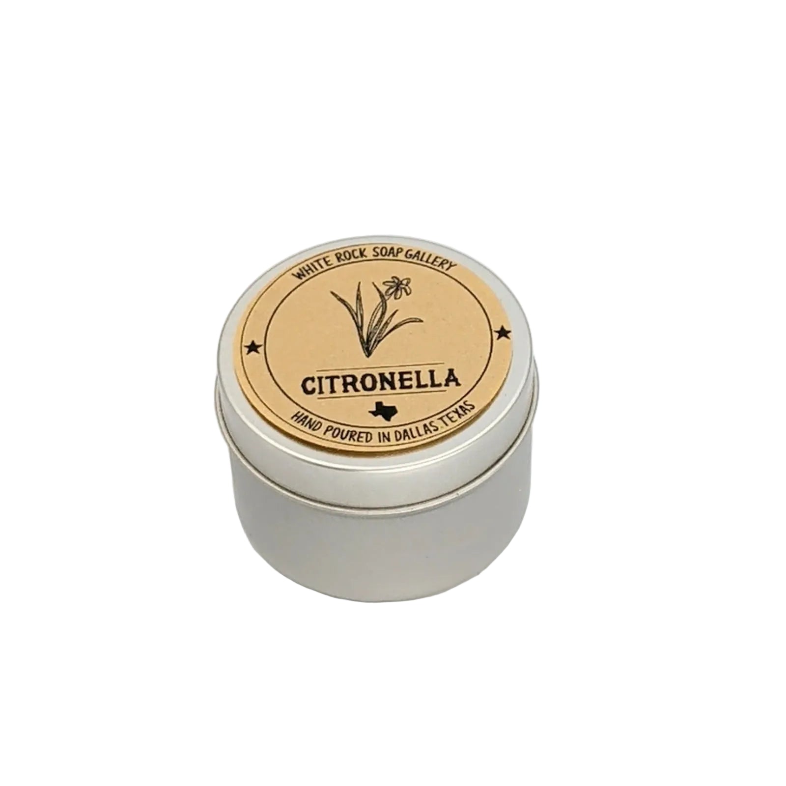 Silver metal tin citronella candle by White Rock Soap Gallery, featuring a plant illustration on the lid and labeled hand poured in Dallas, Texas, shown on a white background.