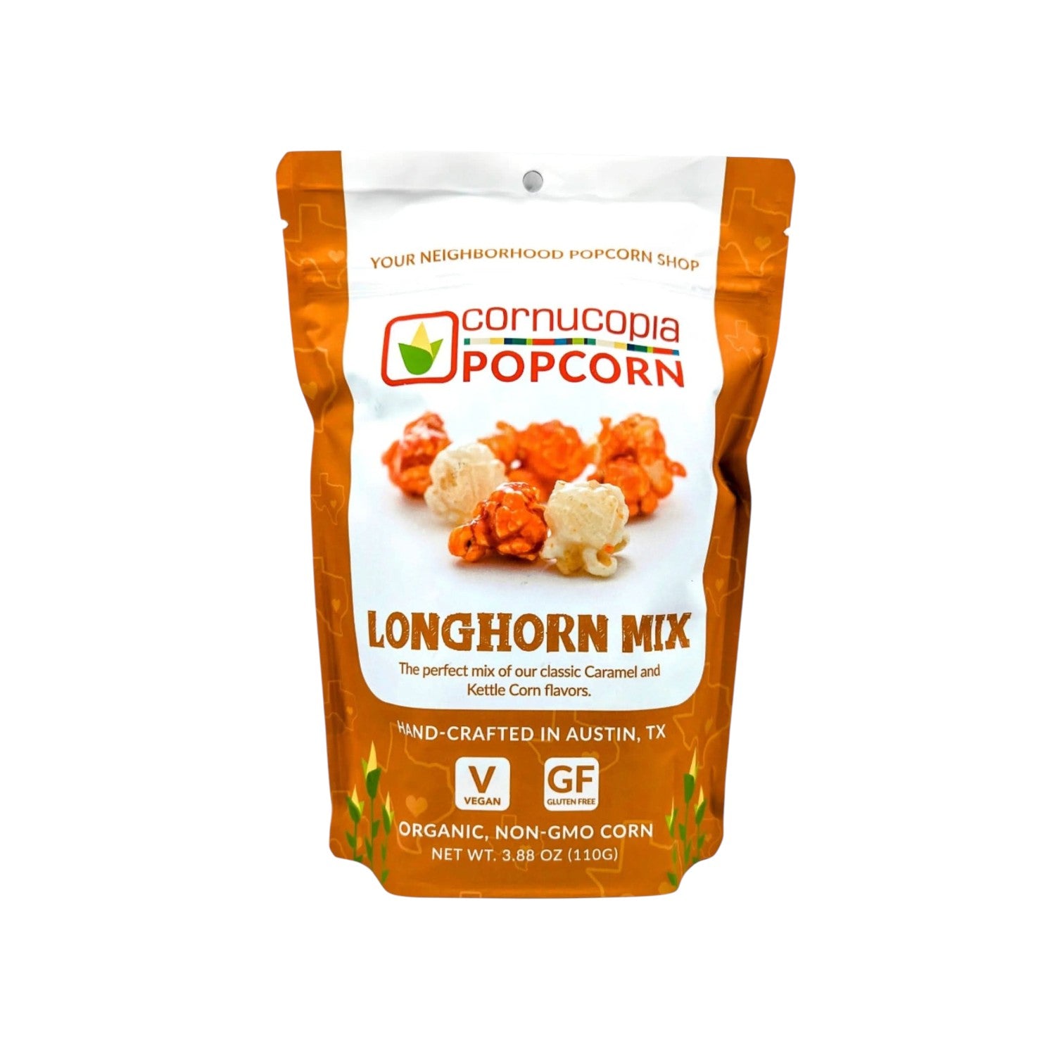 Cornucopia Popcorn Longhorn Mix packaged as a bold Texas snack gift from The Texas Gift Company storefront