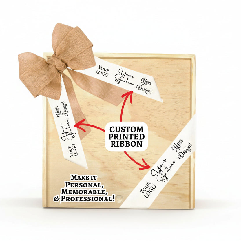Wooden gift box displayed with a burlap bow and custom printed ribbons showing logo and signature design options, highlighted with arrows and text emphasizing personalized, professional gift packaging.