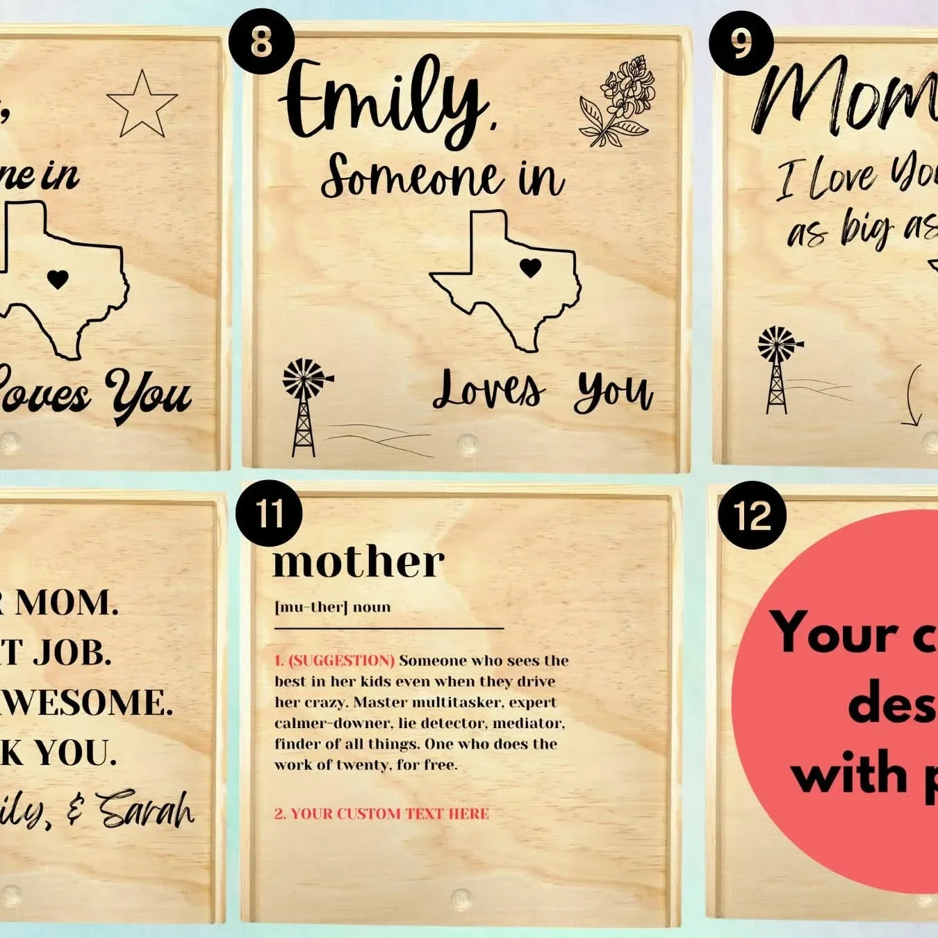 Grid layout showcasing multiple personalized wooden keepsake box design options, including custom names, heartfelt messages, Texas-themed graphics, definitions, and photo-based designs, presented as selectable customization examples.