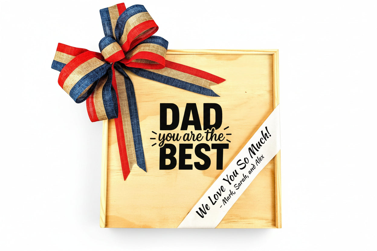 Personalized wooden gift box engraved with the phrase “Dad You Are the Best,” accented with a red, blue, and gold ribbon bow and a custom message ribbon reading “We Love You So Much,” designed as a Father’s Day or appreciation gift.