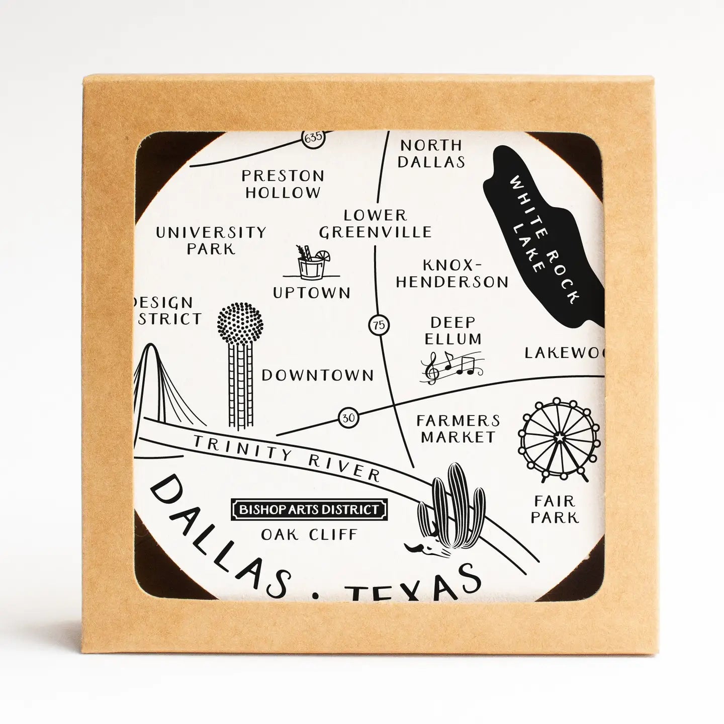 Dallas neighborhoods map design coaster set displayed as a Texas-themed home gift from a Texas gift shop storefront